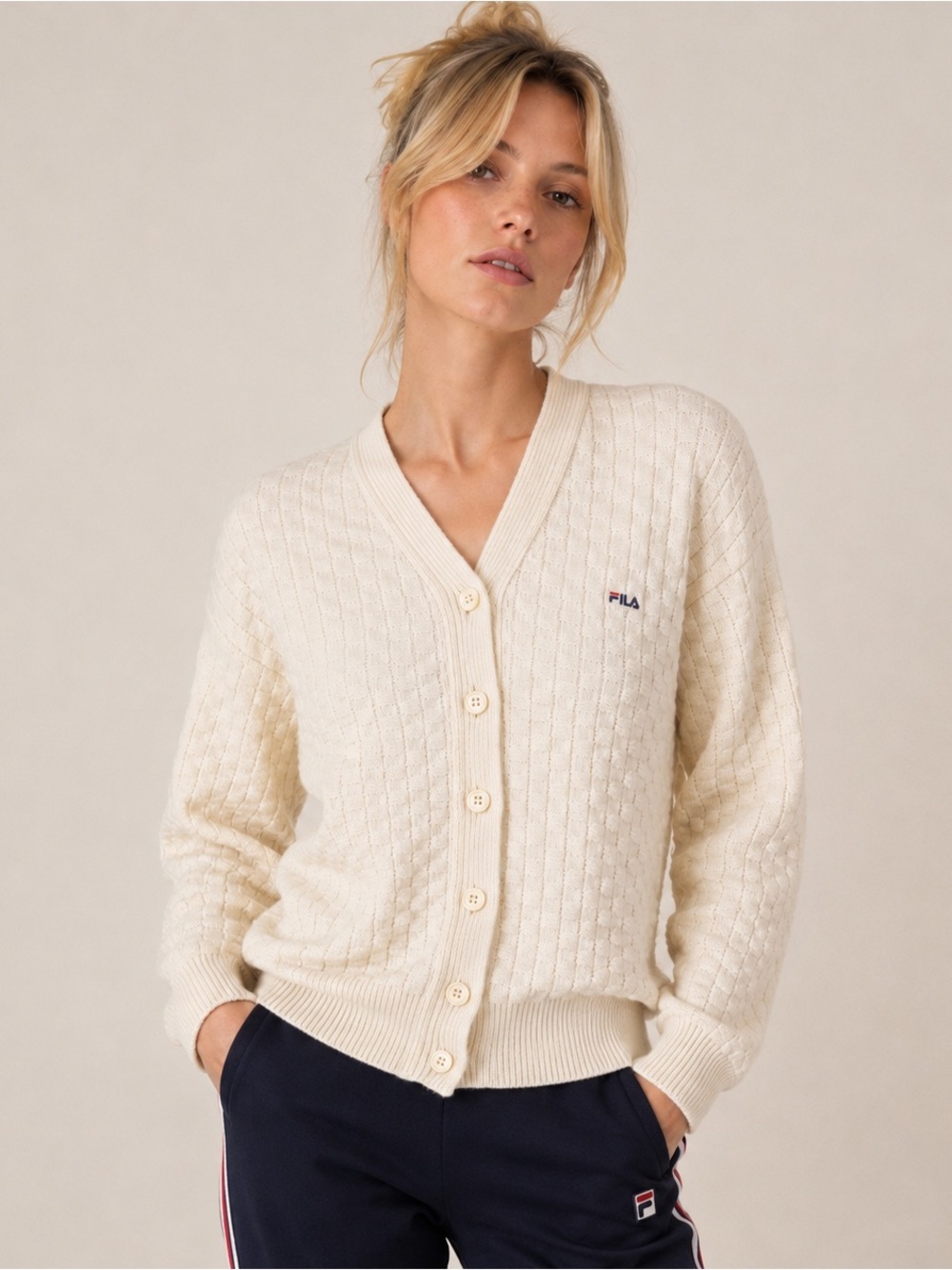 FILA Cream Basketweave Knit Button Cardigan Italy 100% Wool Womens Size 10 VTG